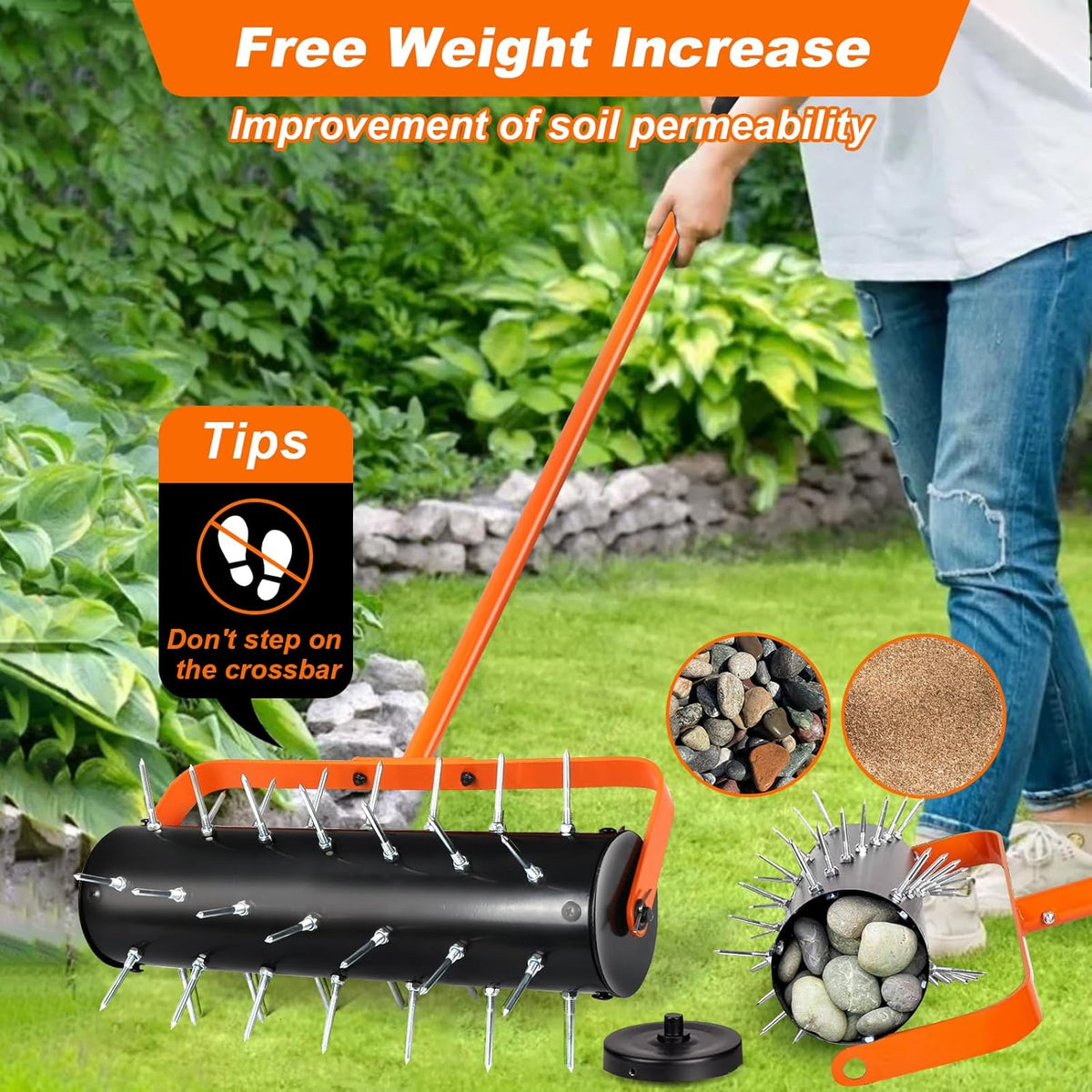 Rolling Lawn Aerator, Heavy Duty Hand Manual Spike Roller with 42 Spikes, Aerator Tool with 71"