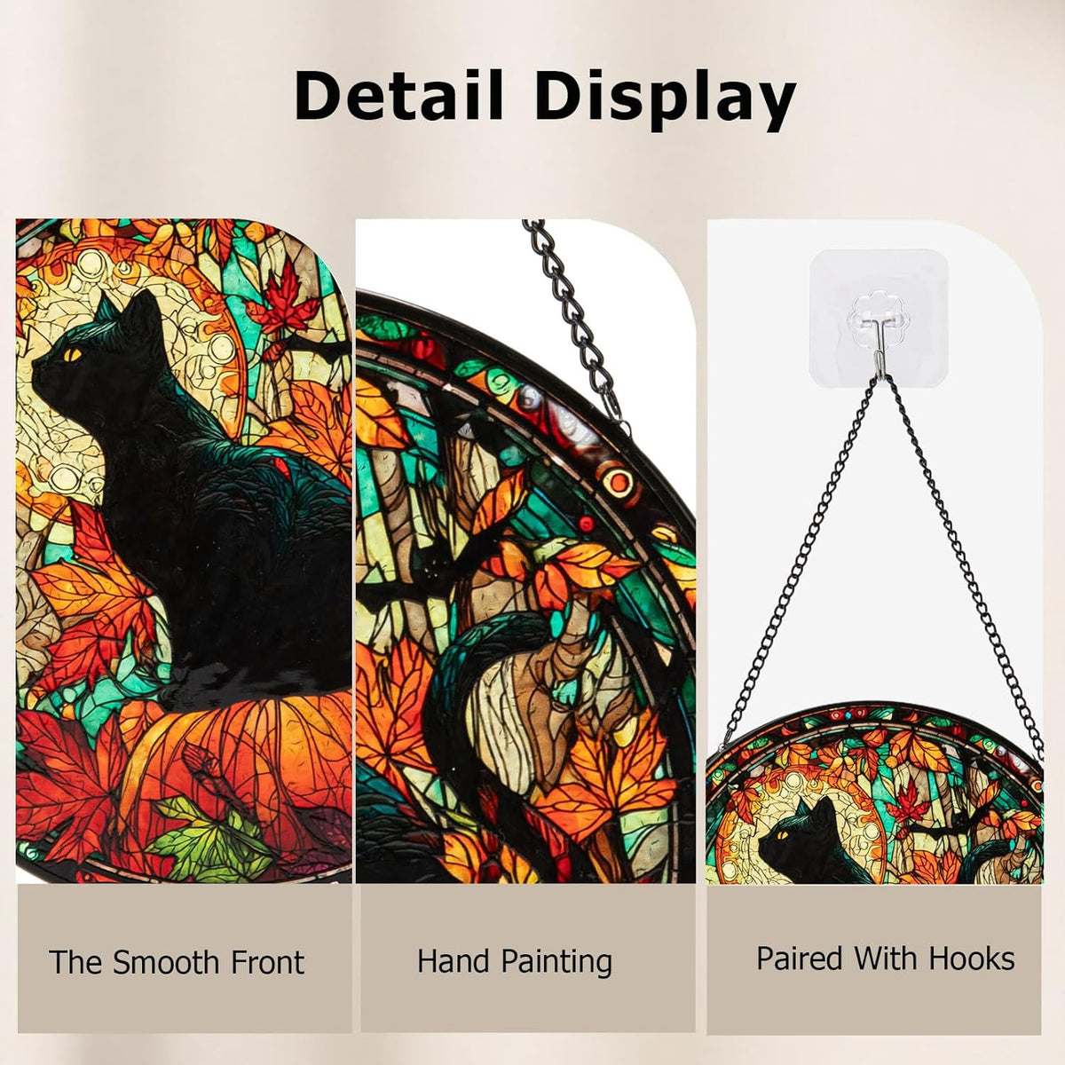 Stained Glass Window Hanging, Halloween Decorations Black Cat Maple Leaf Suncatcher for Doors