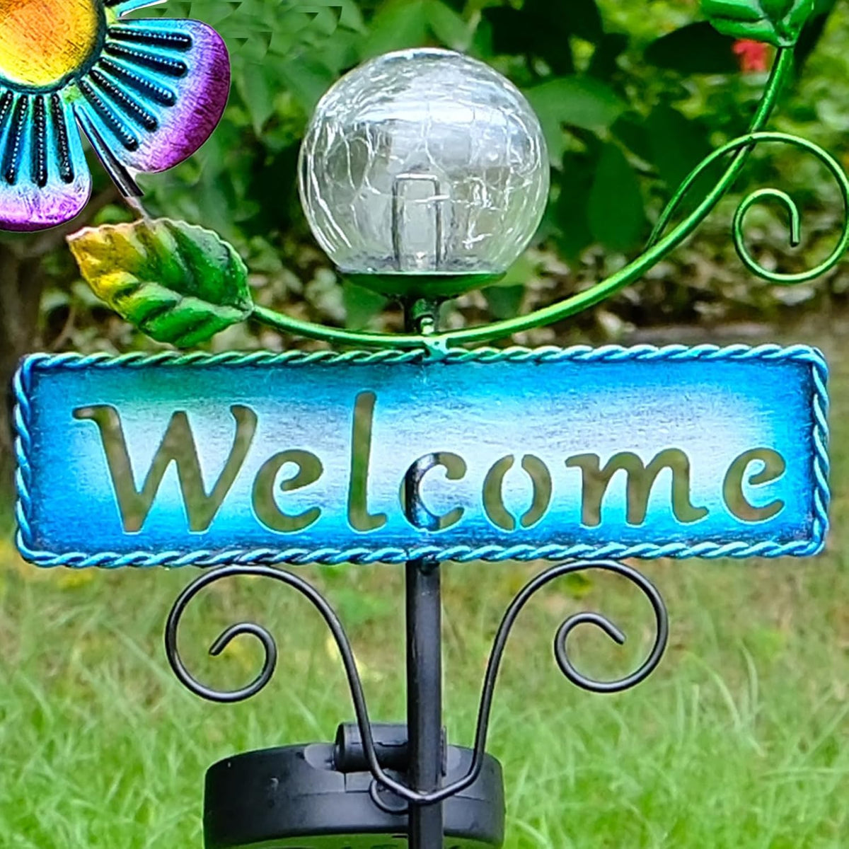 Outdoor Solar Garden Lights with Welcome Sign, Butterfly Ornament Metal Stake Lights for Lawn