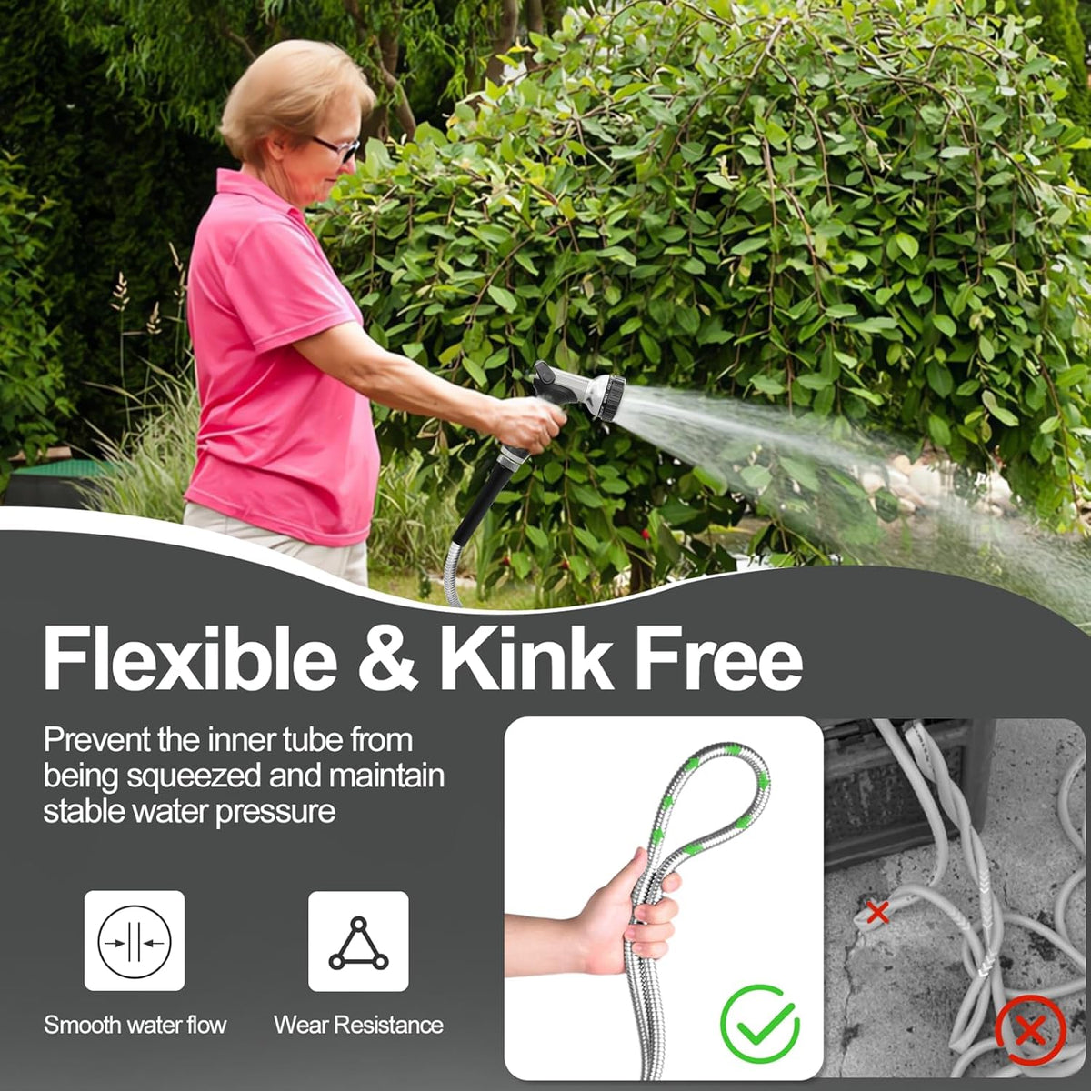 SPECILITE 175ft 304 Stainless Steel Garden Hose Metal, Heavy Duty Water Pipe with Nozzles for Yard