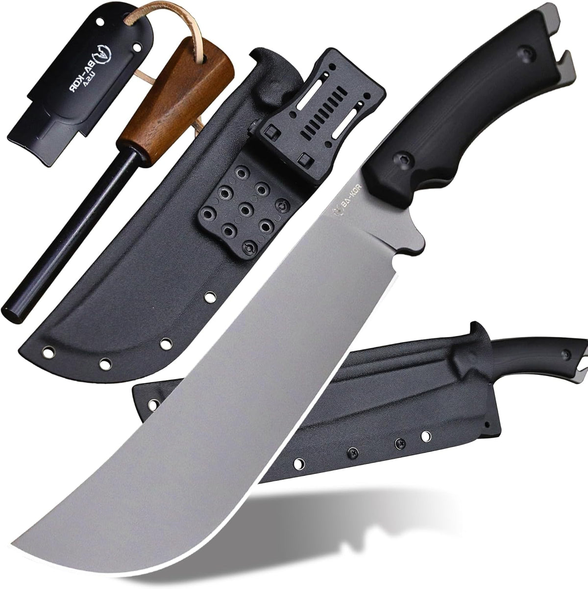 BA-KOR 5MM Full Tang (9CR18MOV) steel 14.1-inch chopping knife+K sheath&5.9-inch cerium igniter can
