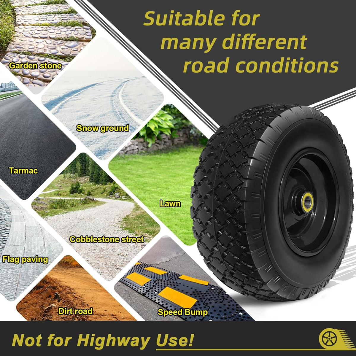 13” Tire and Wheel Flat Free, Replacement Solid Tire and Wheel Assemblies with 5/8” Axle Bore Hole