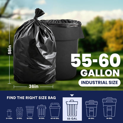 Plasticplace 55-60 Gallon Trash Bags │ 1.5 Mil │ Black Heavy Duty Garbage Can Liners │ 36” x 58”