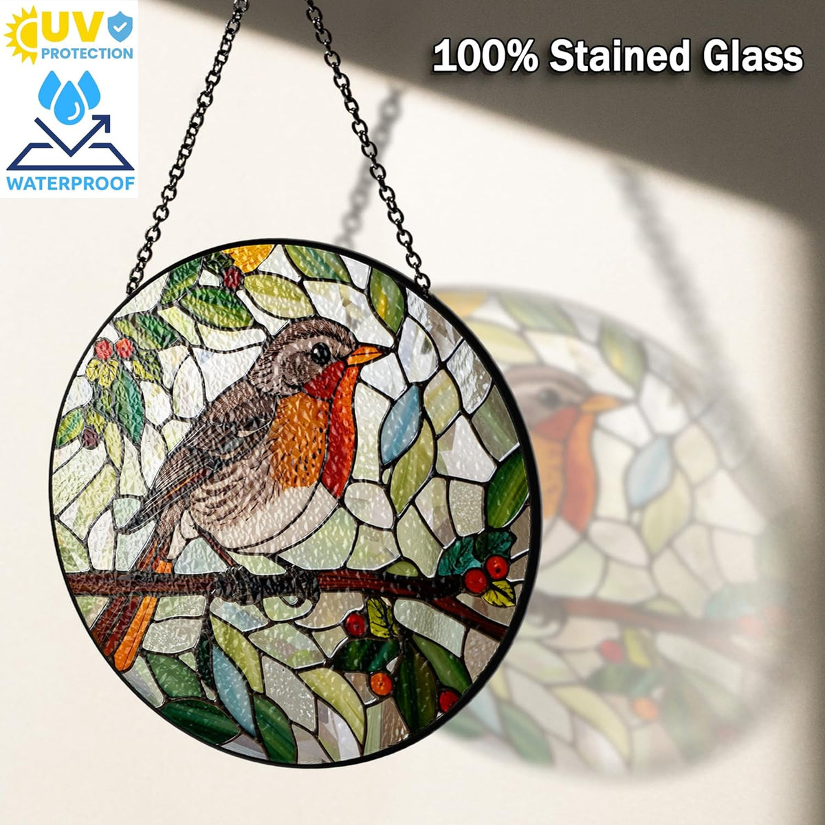 7.8" Robin Stained Glass Suncatcher, Bird for Window Hanging, Suncatcher Art Decor for Home Garden