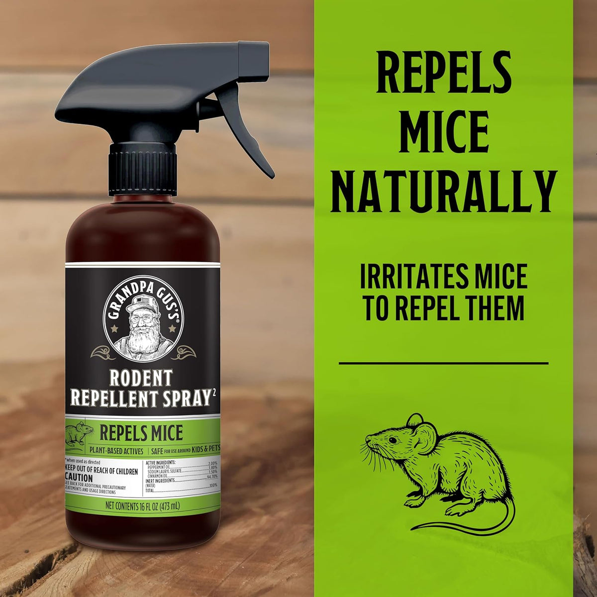 Grandpa Gus's Rodent Repellent Spray, Peppermint & Cinnamon Oil, Prevents Mouse/Rats from Nesting &