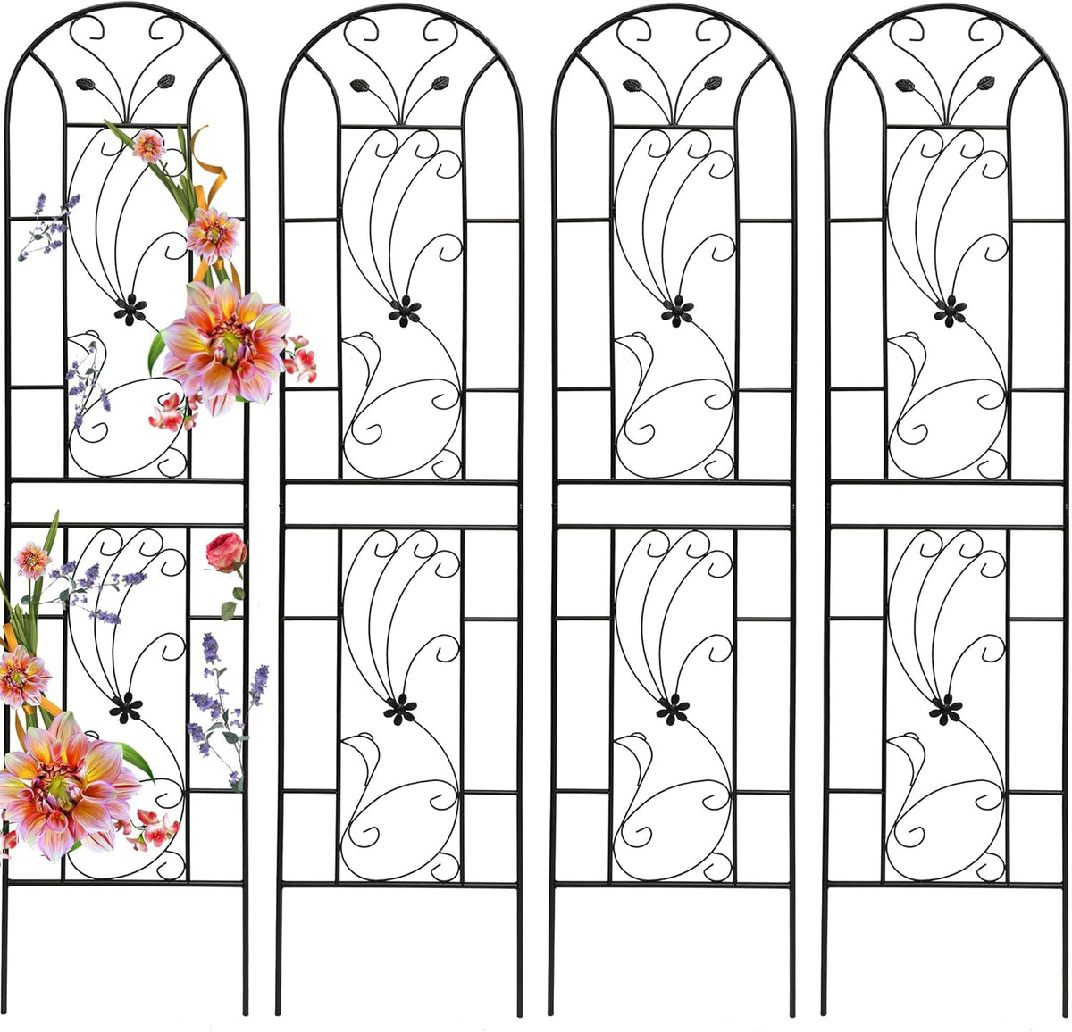 Garden Trellises, 4 Pack Black Metal Coated Rustproof Trellis for Climbing Plants Outdoor, Roses