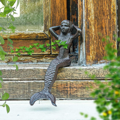 Sungmor Heavy Duty Cast Iron Mermaid Statue - 26CM Tall Sitting Mermaid Figure Ornament - Great
