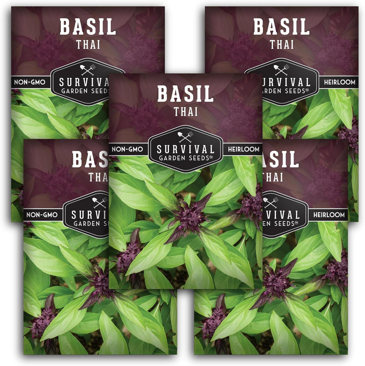 Survival Garden Seeds - Thai Basil Seed for Planting - 5 Packets with Instructions to Plant and