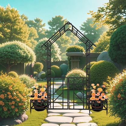 Metal Garden Arch with Gate and Planter 97.24" H Garden Arbor Trellis Climbing Plants Support Rose
