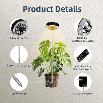 Halo Grow Lights for Indoor Plant, 40'' Height Adjustable Plant Grow Lights with Fan, Full Spectrum