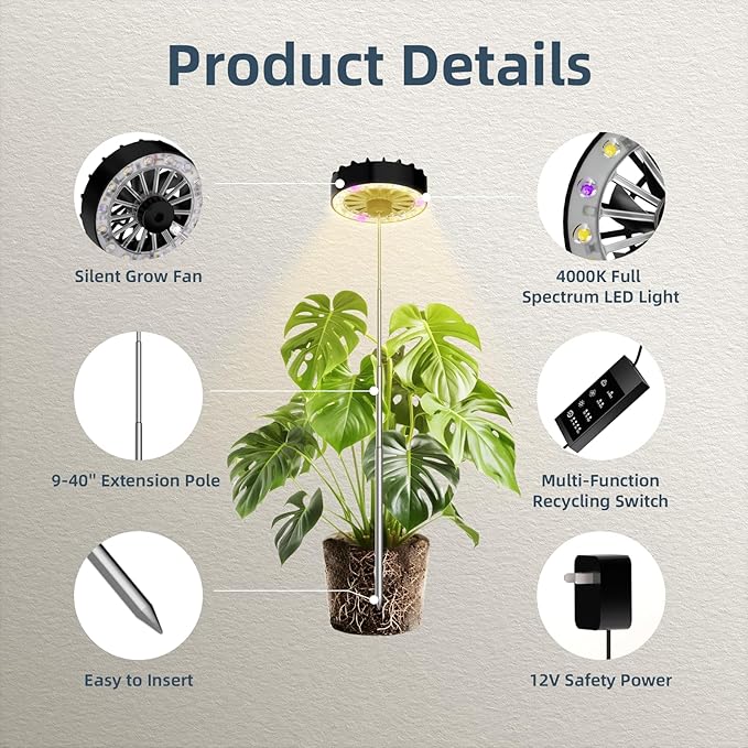 Halo Grow Lights for Indoor Plant, 40'' Height Adjustable Plant Grow Lights with Fan, Full Spectrum
