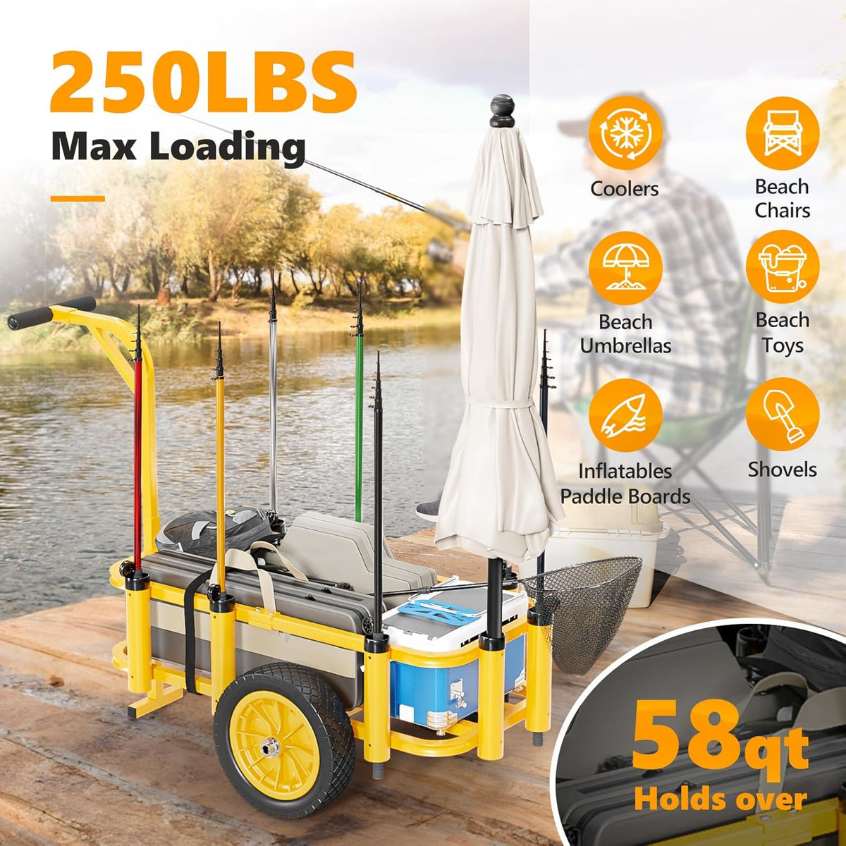 Bonnlo Beach Fishing Cart, Beach Wagon Trolley with 12" Big No-Flat Airless Tires, Foldable Beach