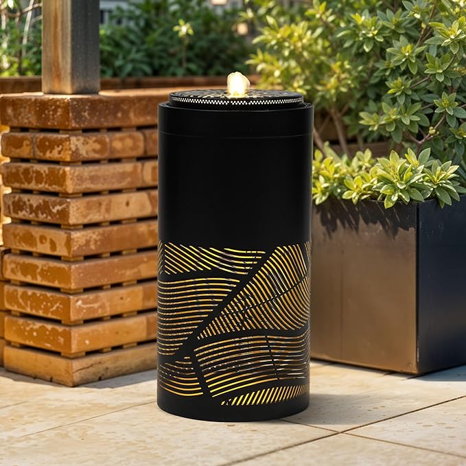 23.6" H Modern Metal Cutout Geometric Patterns Outdoor Water Fountain with LED Lights, Black Bird