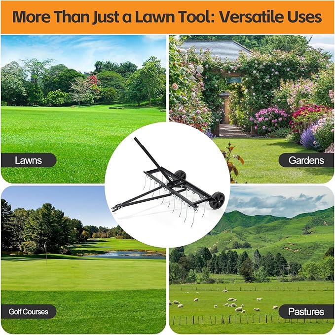 Tow Behind Dethatcher: 40inch Pull Behind Lawn Rake with 20 Spring Steel Tines Heavy Duty Lawn