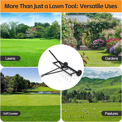 Tow Behind Dethatcher: 40inch Pull Behind Lawn Rake with 20 Spring Steel Tines Heavy Duty Lawn