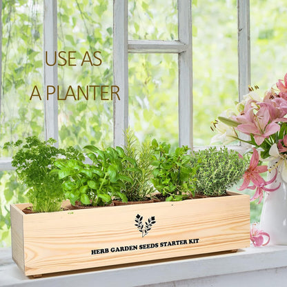 5 Herb Seeds Garden Starter Kit with Complete Planting Kit & Wooden Flower Box, Growing into Basil