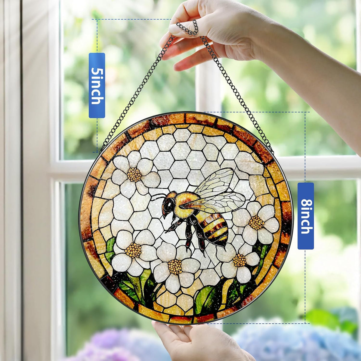 Bee Wildflowers Stained Glass Suncatcher, Stained Glass Window Hanging, 8 Inch Honey Bee
