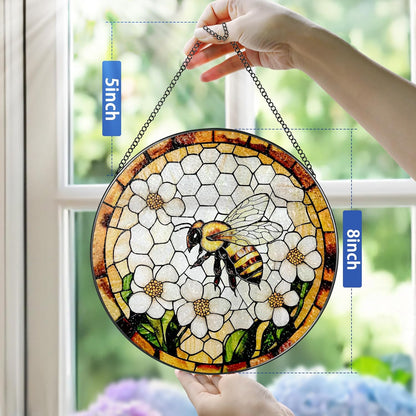 Bee Wildflowers Stained Glass Suncatcher, Stained Glass Window Hanging, 8 Inch Honey Bee
