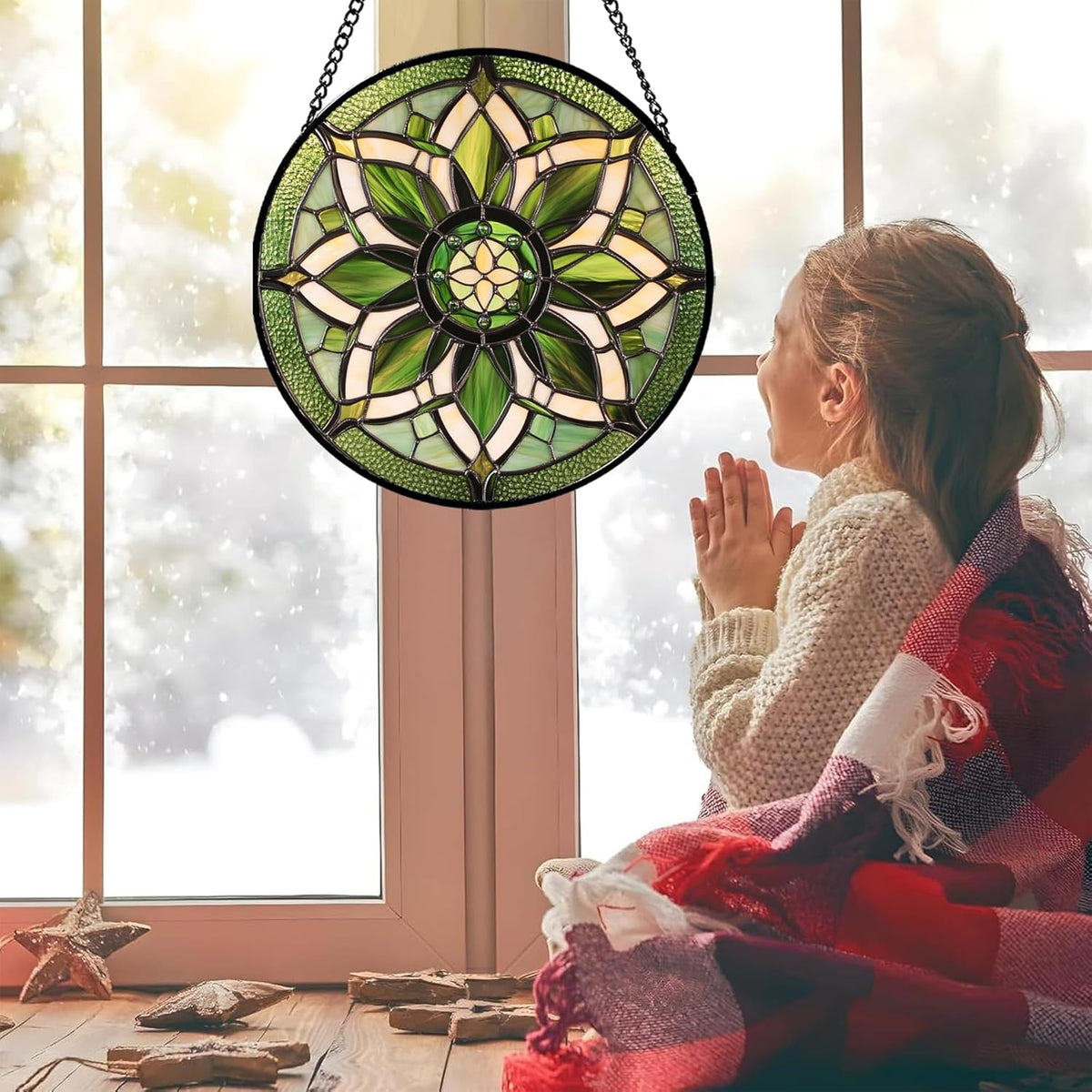 Stained Glass Window Hanging - White Green Boho Flower Suncatcher for Doors Window Home Sun