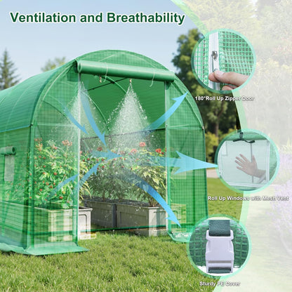 Greenhouse with Watering System, 10x7x7 Outdoor Greenhouse with 6 Mesh Windows and 1 Door, Easy