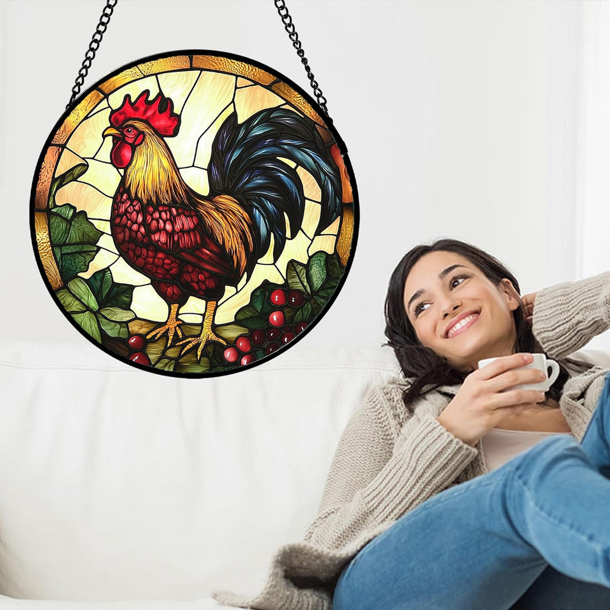 Stained Glass Window Hanging, Colorful Big Cock Sun Catcher for Window Door Home Decor, Chicken