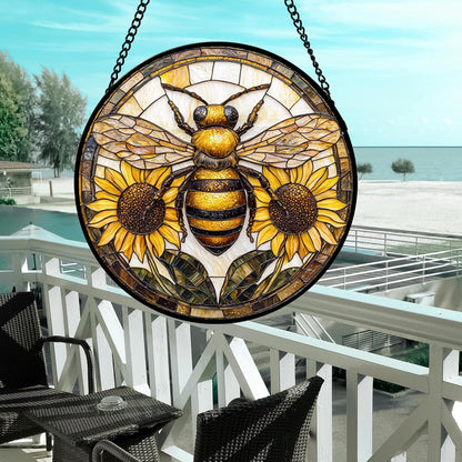 Stained Glass Window Hanging - Bee Sunflower Yellow Suncatcher Ready to Hang Window Doors Home