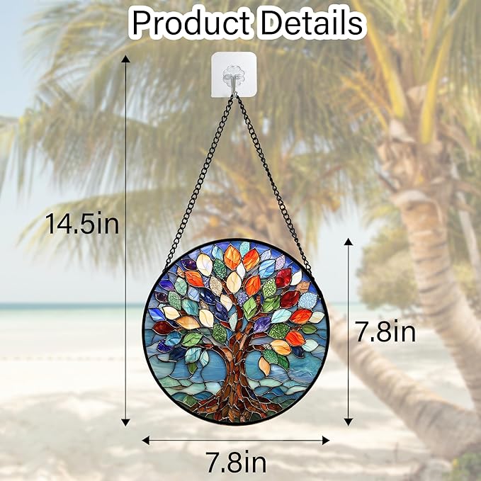 Stained Glass Window Hanging, Colorful Tree of Life Sun Catchers Glass Panel Blue Suncatcher Decor
