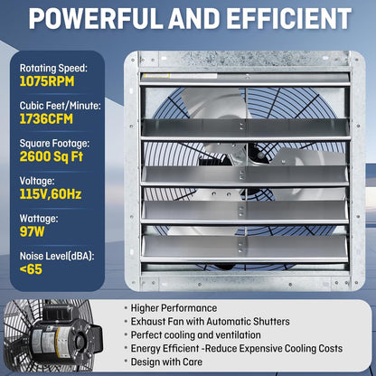 iLIVING 18" Wall Mounted Shutter Exhaust Fan, Automatic Shutter, with Thermostat and Variable Speed