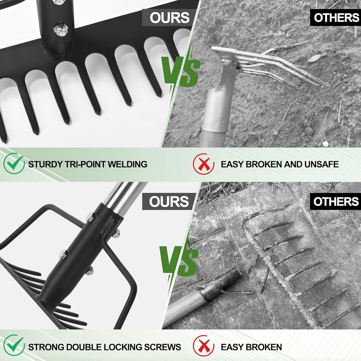 15 Inch Wide Bow Rake, 16 Steel Tines Metal Head Rake Tool with Stainless Steel Handle, Adjustable