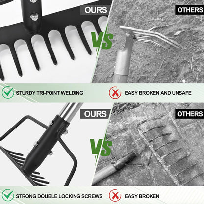 15 Inch Wide Bow Rake, 16 Steel Tines Metal Head Rake Tool with Stainless Steel Handle, Adjustable