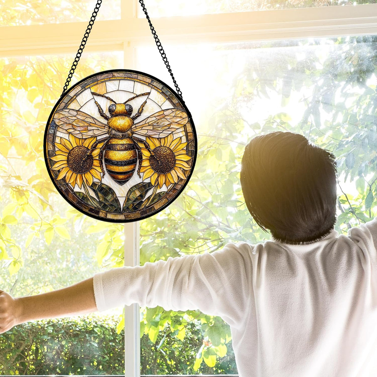 Stained Glass Window Hanging - Bee Sunflower Yellow Suncatcher Ready to Hang Window Doors Home