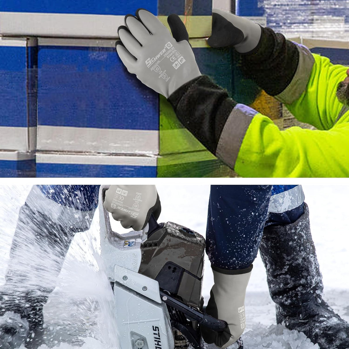 Schwer 2 Pairs 100% Waterproof Winter Work Gloves, ANSI A2 Cut Resistant Freezer Gloves for Outdoor