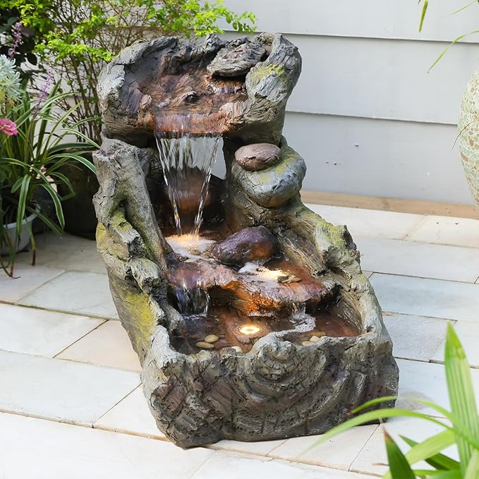 32.5" L Garden Outdoor Water Fountain, Floor Standing Cascading Realistic Tree Trunk Natural