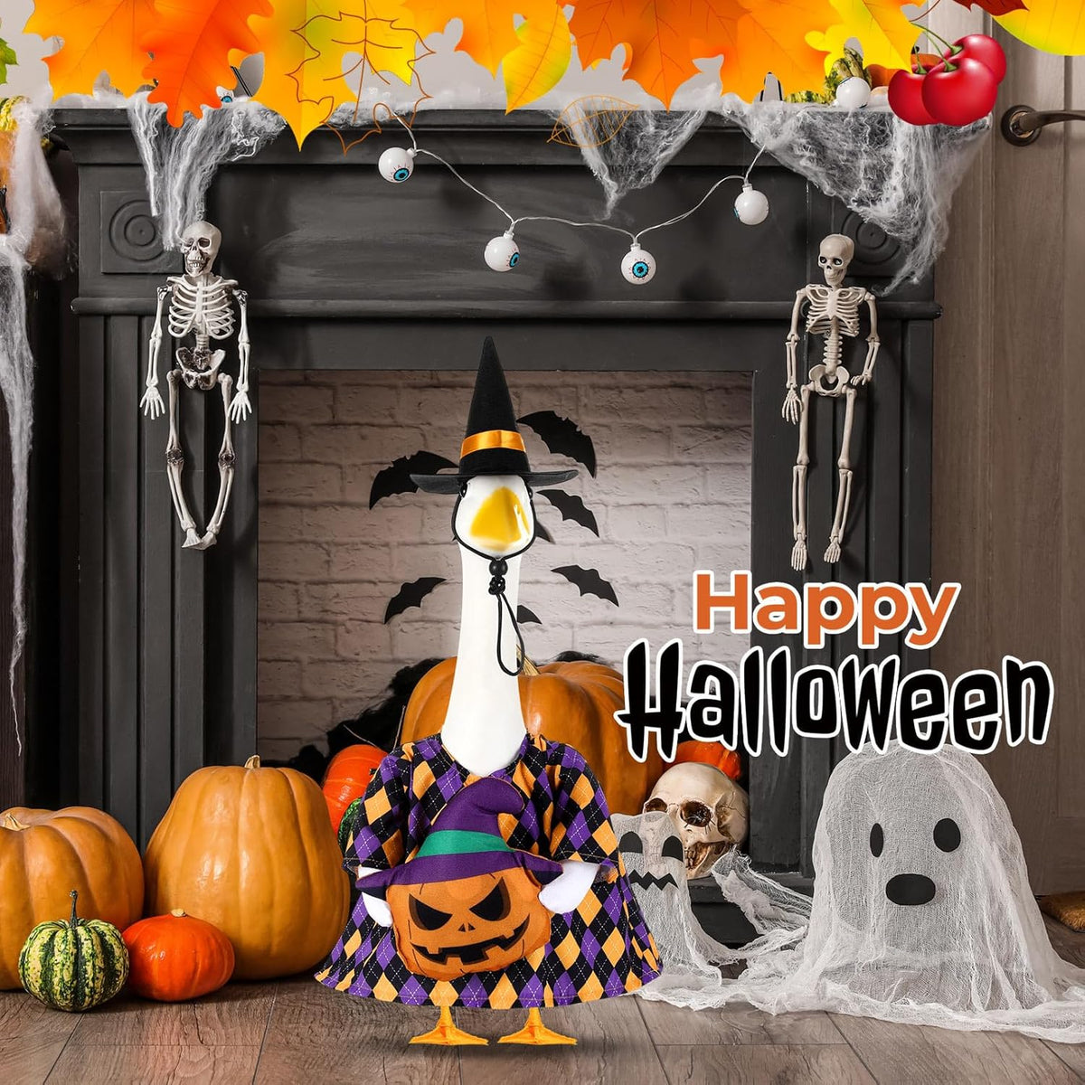Sanwuta 1 Set Halloween Porch Goose Outfit Pumpkin Pillow Design with Witch Hat for 23" Lawn Cement
