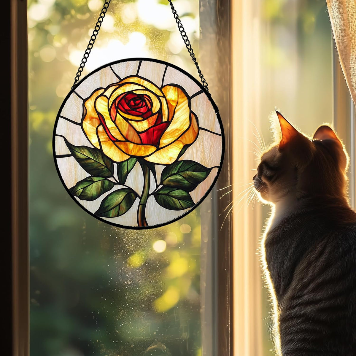 Stained Glass Window Hanging - Elegant Yellow Rose Flower Sun Catcher for Door Garden Home Decor