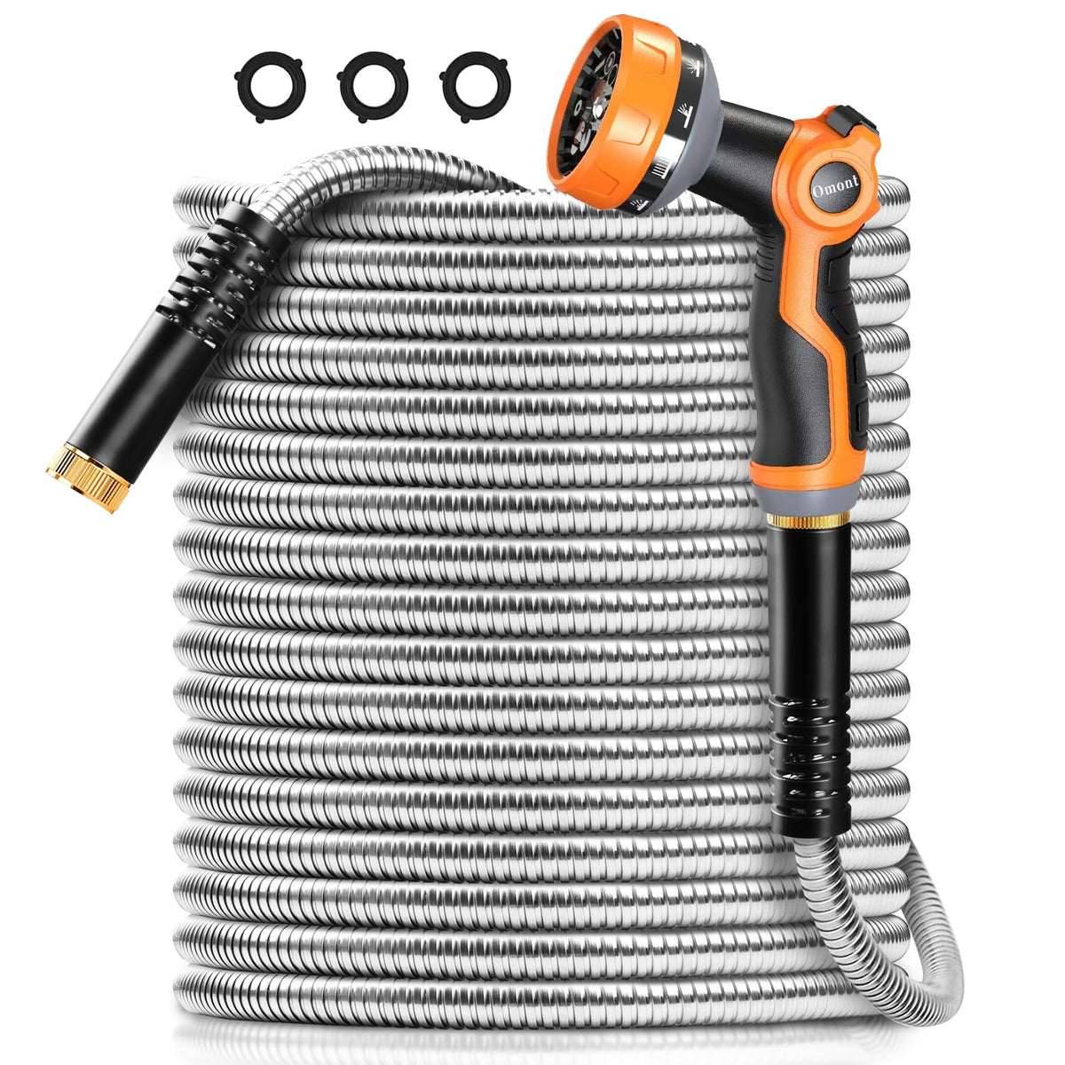 Omont Metal Garden Hose 50FT, Heavy Duty 304 Stainless Steel Water Hoses with Nozzle, Flexible
