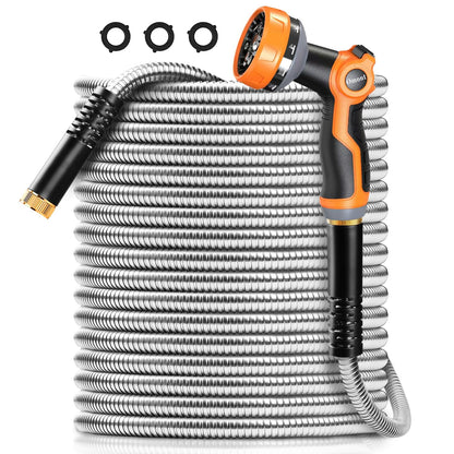 Omont Metal Garden Hose 50FT, Heavy Duty 304 Stainless Steel Water Hoses with Nozzle, Flexible