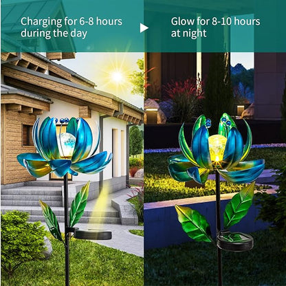 Huaxu Solar Outdoor Lights 35.4In Garden Decor Flower Wind Spinners,Waterproof LED Crackle Glass