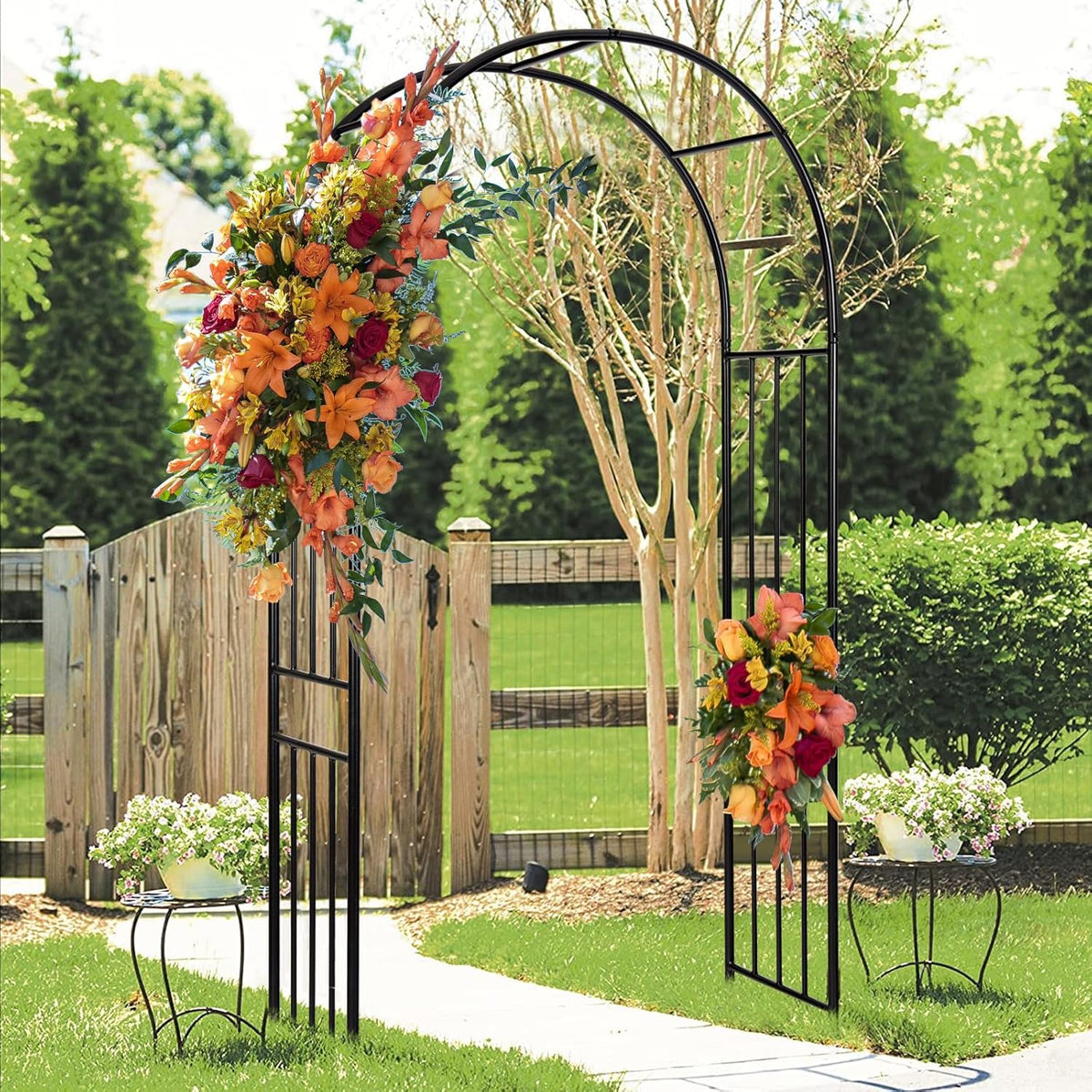 LDAILY Moccha Garden Arch Arbor Trellis, 7.2Ft Outdoor Steel Arbor with Stakes, Metal Archway for