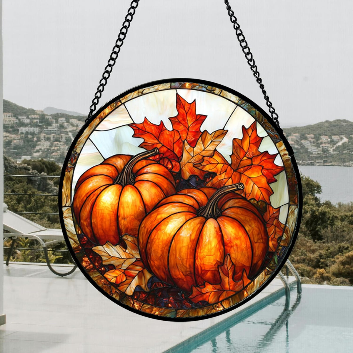 Stained Glass Window Hanging, Pumpkin Maple Leaf Suncatcher for Doors Home Sun Catchers Decoration