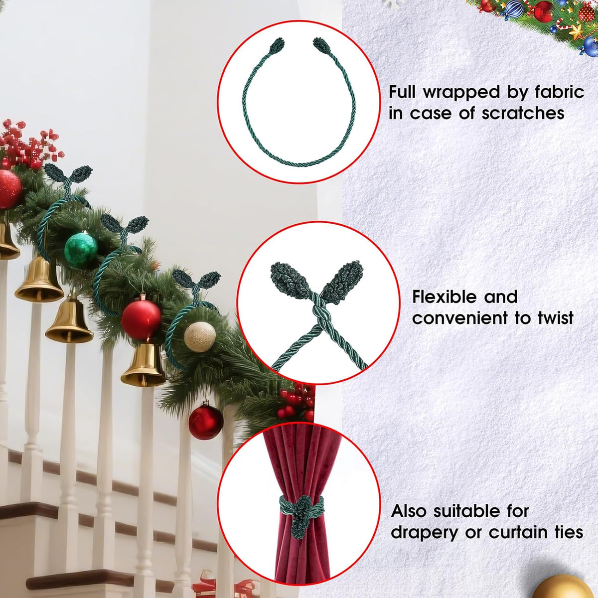 Christmas Garland Ties, 16Pcs 20in Garland Twist Ties for Banister, Reusable and Flexible