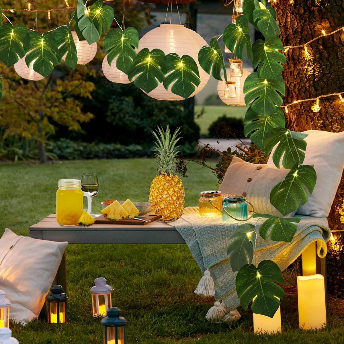RECUTMS Artificial Tropical Palm Leaves String Lights, Large Size 20 LED Monstera Leaf Wall Hanging