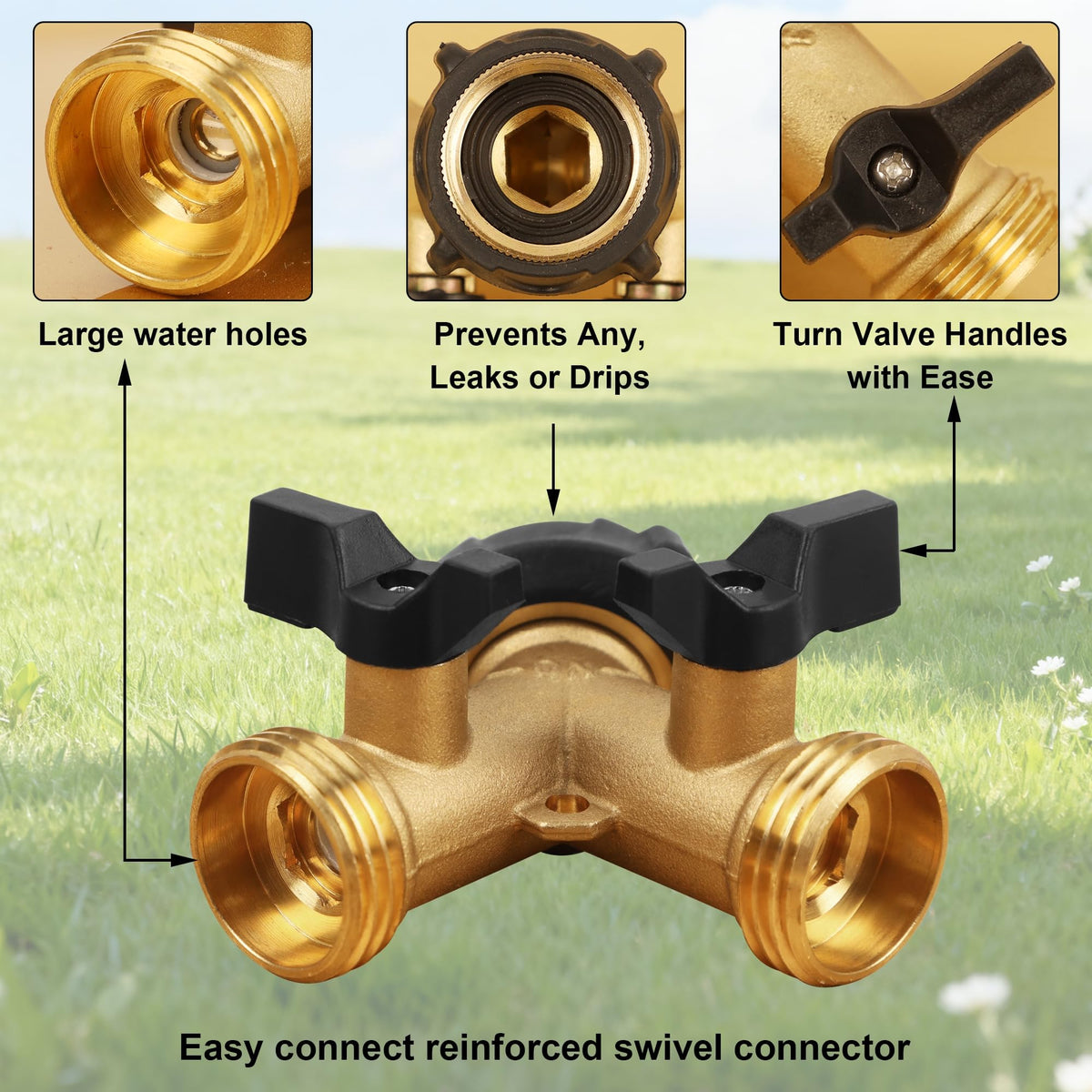 Biswing Garden Hose Splitter 2 Way, Heavy Duty Brass Connector Tap Splitter, Y Splitter 2 Valves