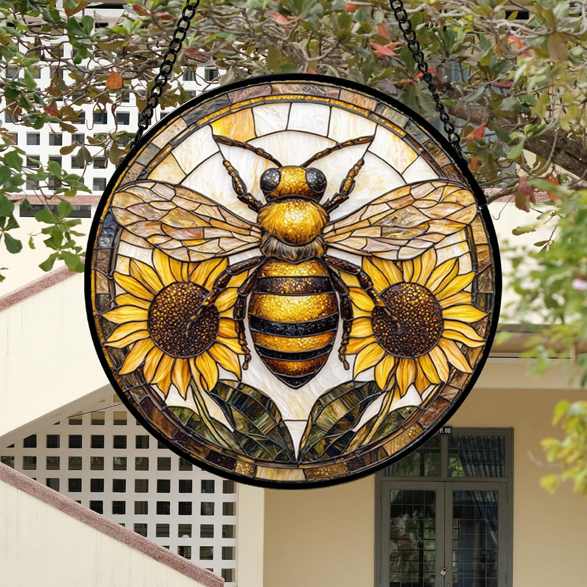 Stained Glass Window Hanging - Bee Sunflower Yellow Suncatcher Ready to Hang Window Doors Home