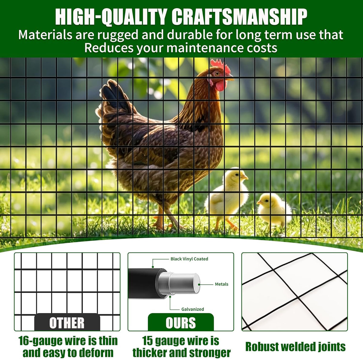 48 in x 50 ft Welded Wire Mesh Fence, 2 in × 3 in 15GA Black PVC Coated Garden Fencing Roll, Dog
