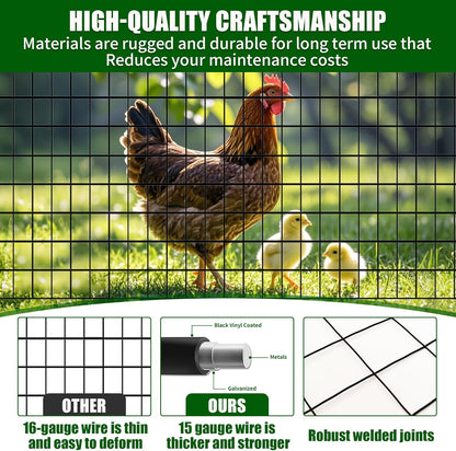 48 in x 50 ft Welded Wire Mesh Fence, 2 in × 3 in 15GA Black PVC Coated Garden Fencing Roll, Dog