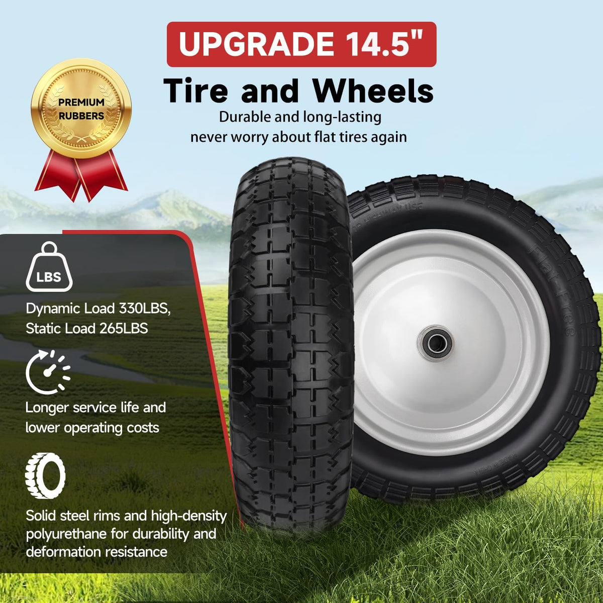 4.80/4.00-8 Tire and Wheel, 14.5" Flat Free Wheelbarrow Tire, 5/8" 3/4" Bearings Universal Solid