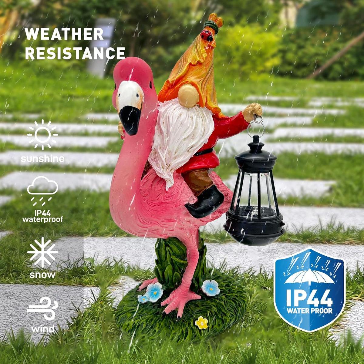 Gnomes Flamingo with Solar Lantern, Whimsical Decor for Garden, Yard, Patio, Lawn, LED Lights