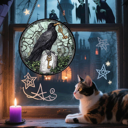 Stained Glass Window Hanging - Halloween Crow Holding A Key Suncatcher for Doors Garden Home Spooky
