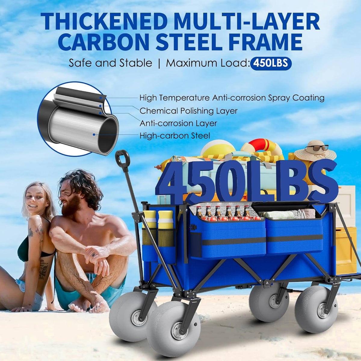 Beach Wagon with Big Wheels for Sand - 450lbs Load Heavy Duty Wagons Carts Foldable with 9" All